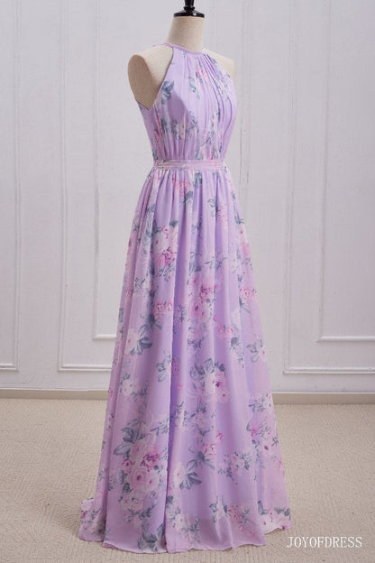 Light Purple Floral Print  Halter Long Bridesmaid Dress