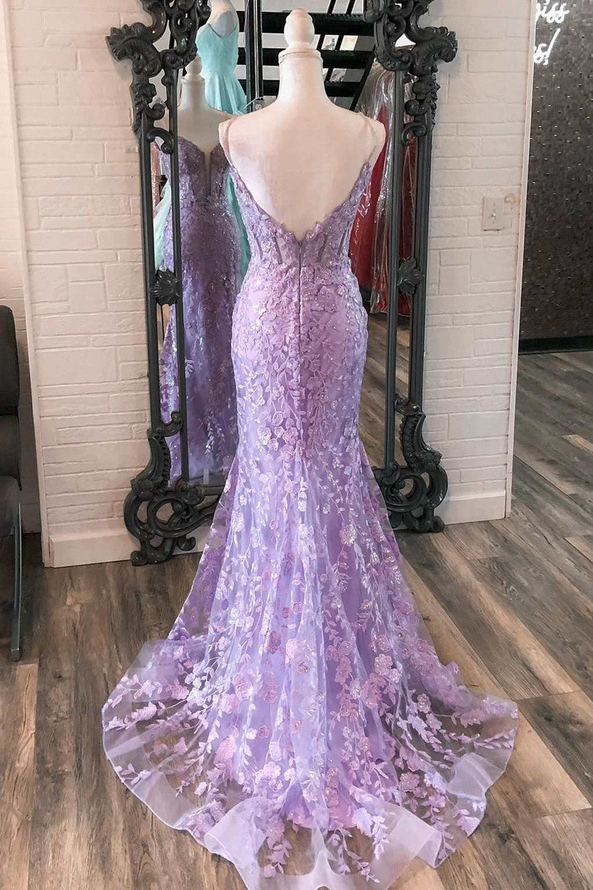 Lilac Spaghetti Straps Lace Mermaid Prom Dress