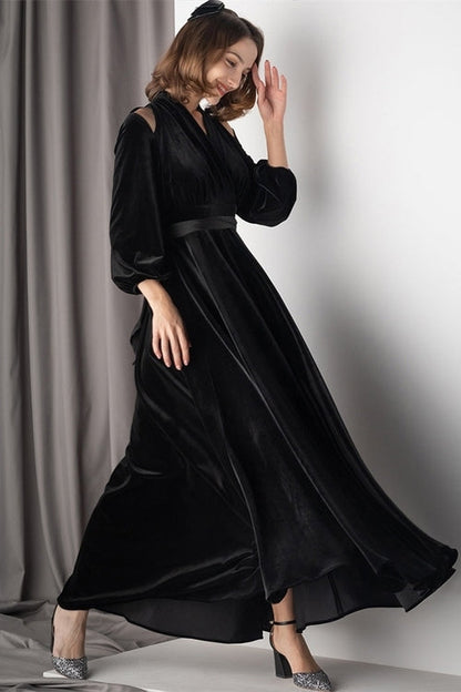 Long Sleeves Black Velvet A-Line Party Prom Dress