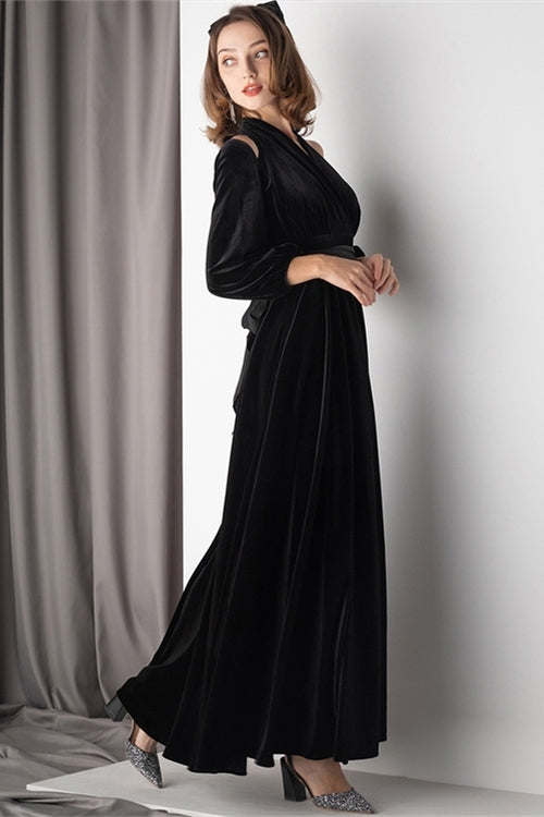 Long Sleeves Black Velvet A-Line Party Prom Dress