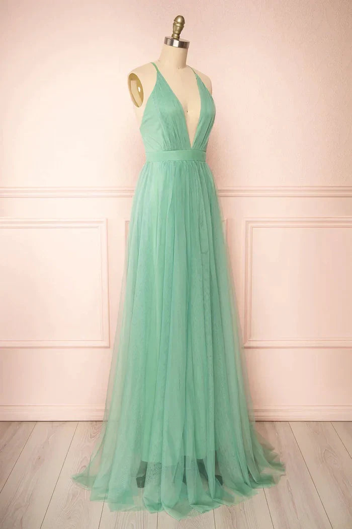 Low V-Neck Spaghetti Straps A-Line Long Bridesmaid Dress