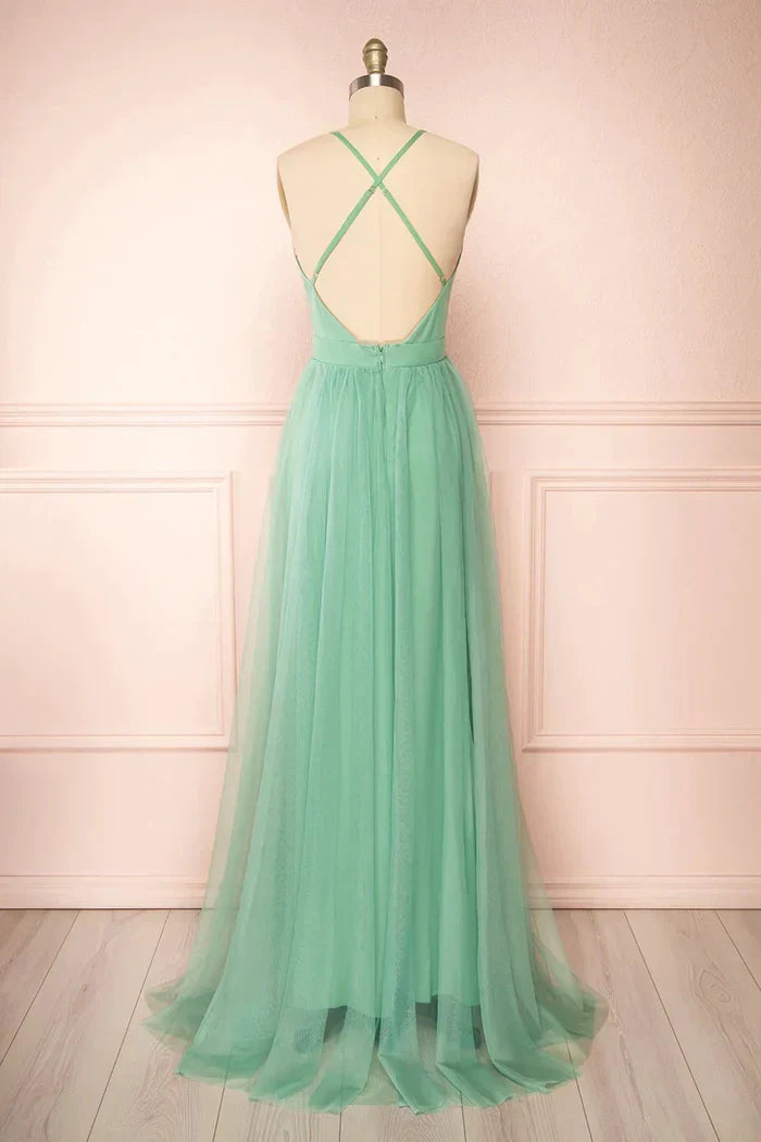 Low V-Neck Spaghetti Straps A-Line Long Bridesmaid Dress