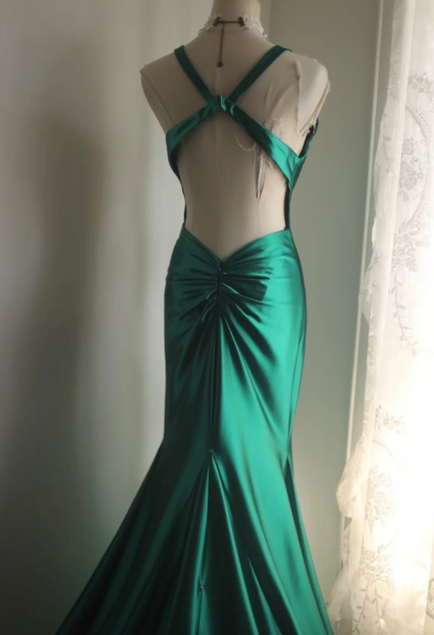 Stylish Green V Neck Satin Backless Long Mermaid Party Dress Formal Wedding Guest Dress SP1204