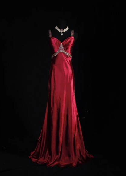 Pretty Burgundy Spaghetti Straps Satin Beaded Mermaid Long Evening Dress Prom Gown SP1697