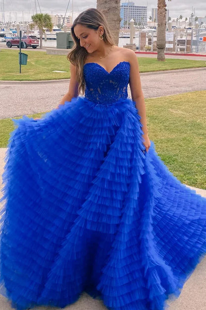 Sexy Tulle A-Line Sweetheart Strapless Tiered Appliques Prom Dress