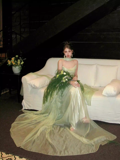 Pretty Green Strapless Tulle Long Evening Dress Birthday Prom Dress With Ribbon SP2026