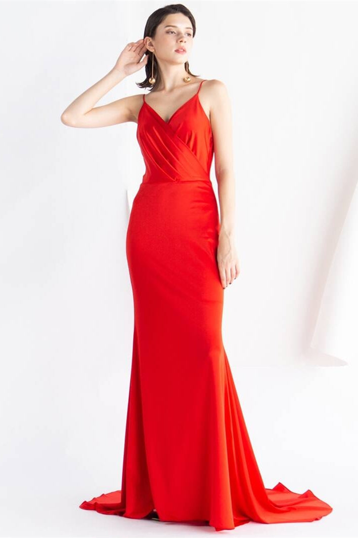 V-Neck Pleated Empire Satin Empire Mermaid Party Prom Dress