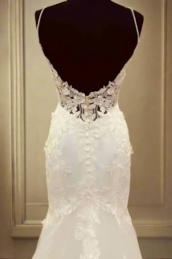 Mermaid Sweetheart Spaghetti Straps Appliques With Sweep Train Wedding Dress