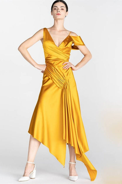 Yellow Asymmetrical Straps Satin A-Line Party Dress