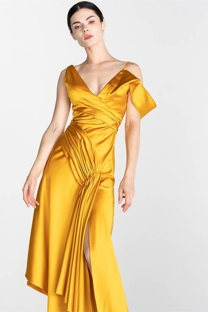 Yellow Asymmetrical Straps Satin A-Line Party Dress