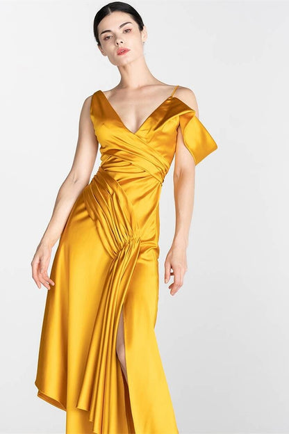 Yellow Asymmetrical Straps Satin A-Line Party Dress