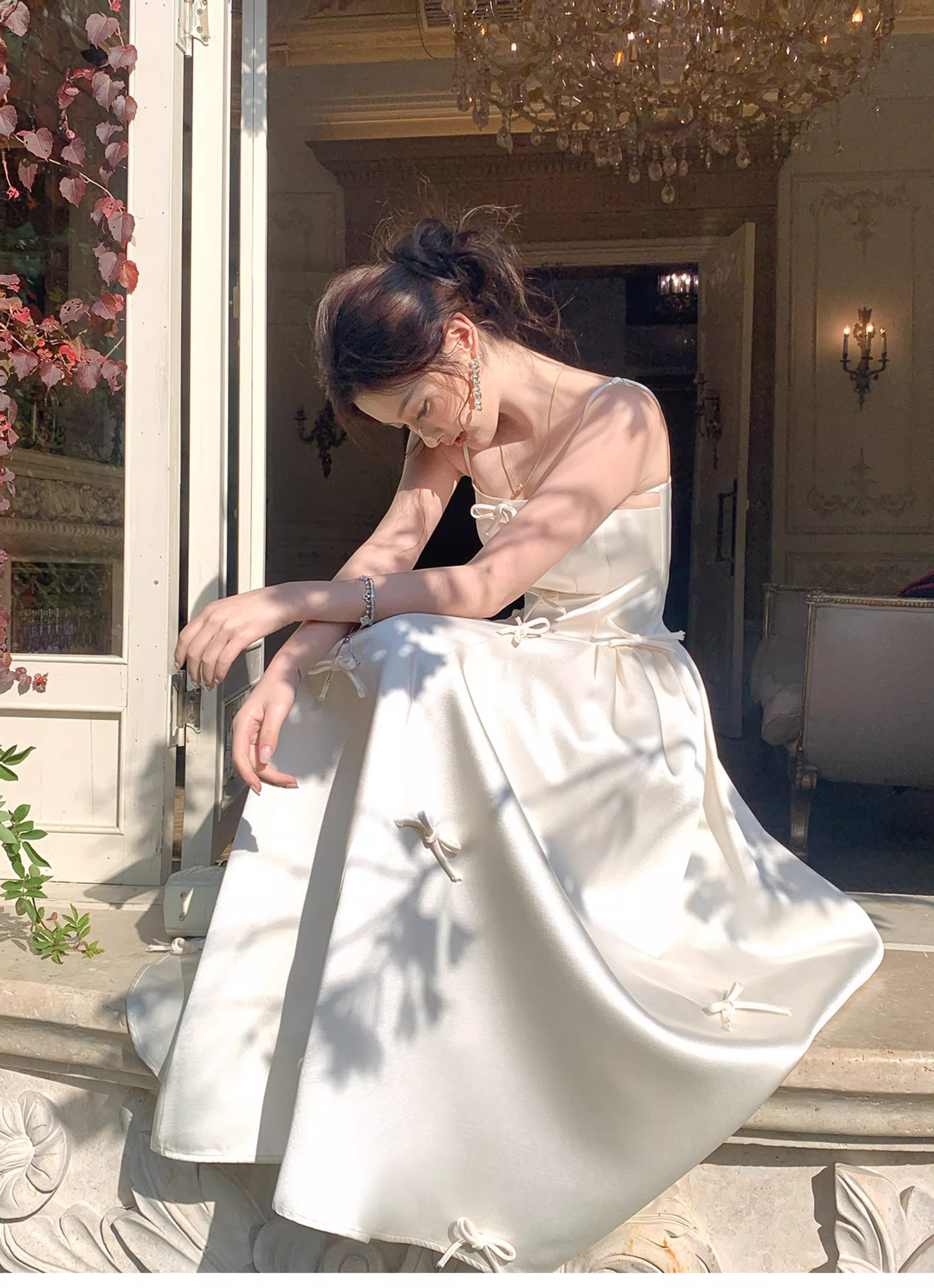 Elegant White Spaghetti Straps Satin A Line Long Evening Dress Birthday Prom Dress With Bow SP1539