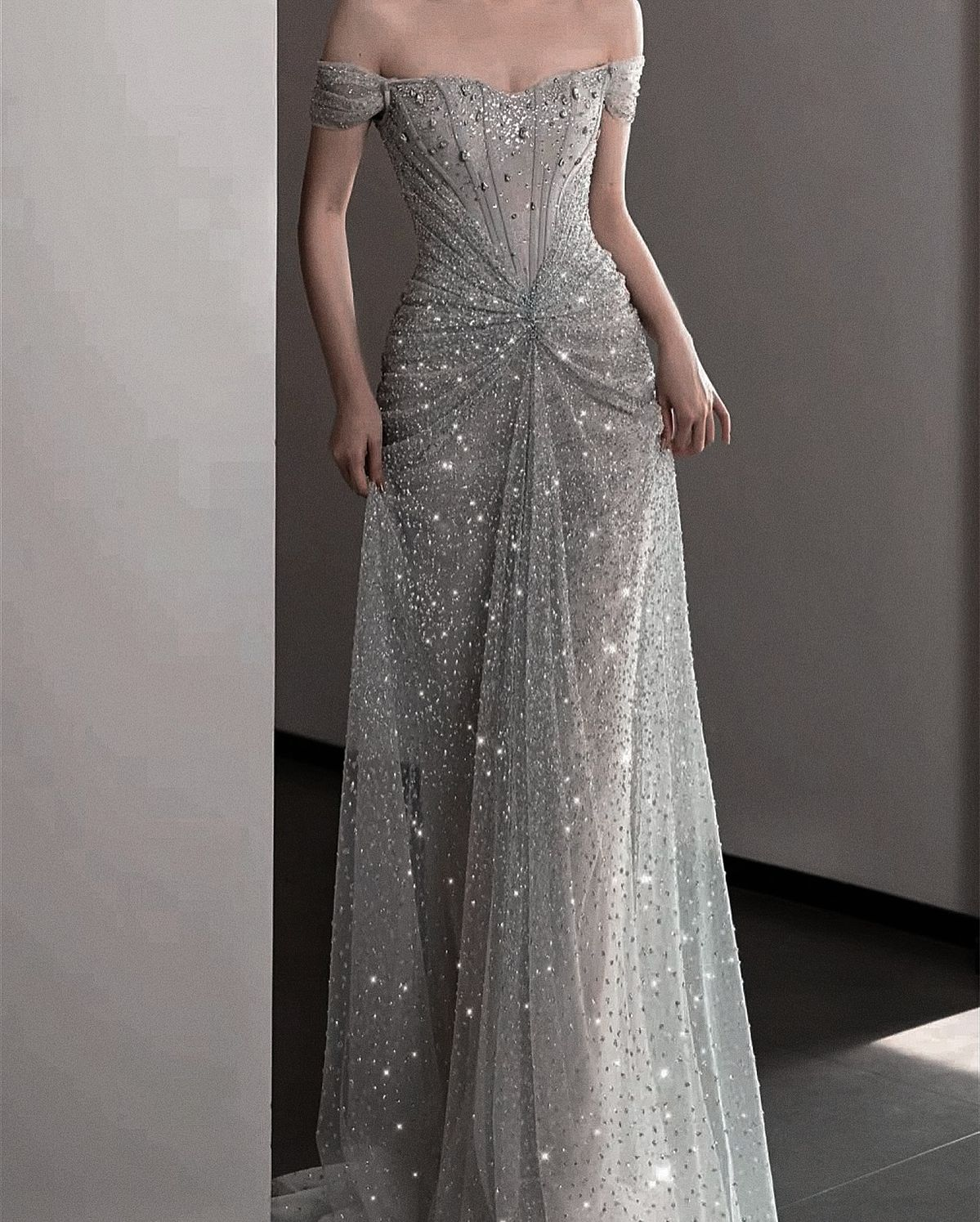 Glitter Gray Off The Shoulder Tulle Sequin Beaded Mermaid Long Evening Dress Party Gown SP1555