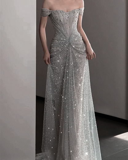 Glitter Gray Off The Shoulder Tulle Sequin Beaded Mermaid Long Evening Dress Party Gown SP1555