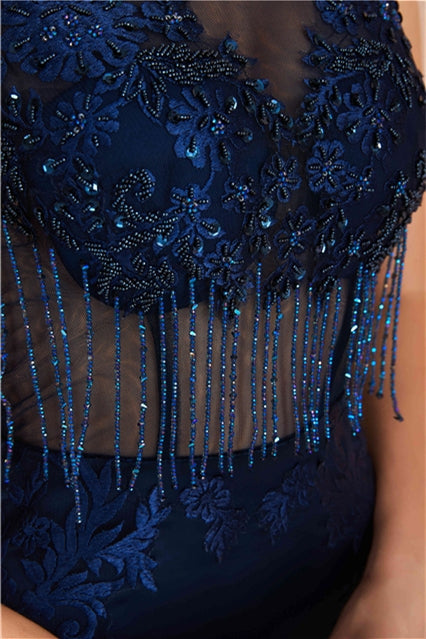 Navy Blue Scoop Sleeveless Mermaid Appliques Party Prom Dress