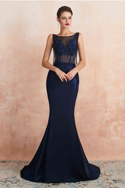 Navy Blue Scoop Sleeveless Mermaid Appliques Party Prom Dress