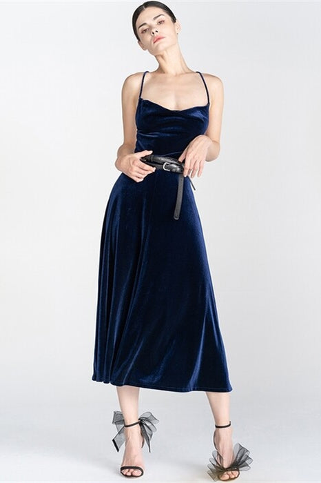 Navy Blue Spaghetti Straps Lae-Up Velvet Midi Party Dress