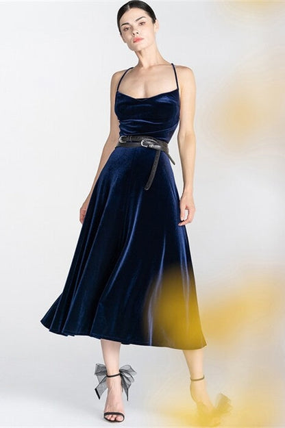 Navy Blue Spaghetti Straps Lae-Up Velvet Midi Party Dress