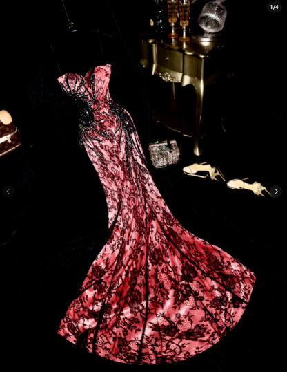 Pretty Strapless Satin Lace Beaded Mermaid Long Evening Dress Formal Birthday Prom Gown SP1430