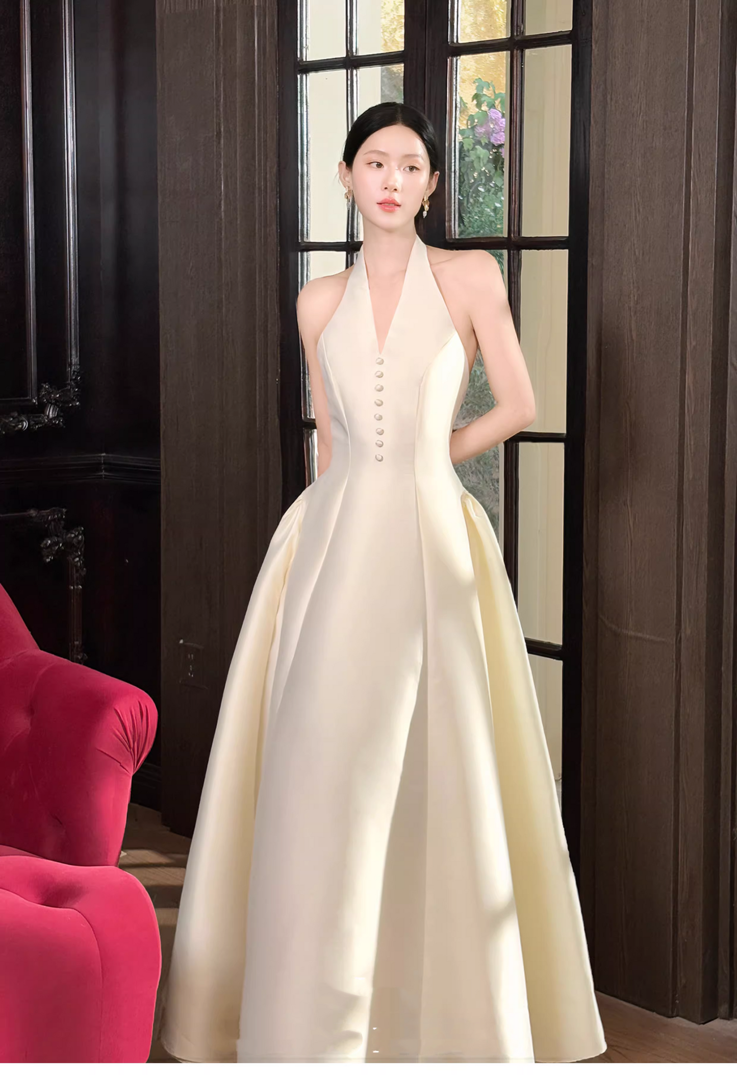 Fashion Halter V Neck Off White Satin A Line Long Wedding Guest Dress Formal Birthday Party Dress SP2013