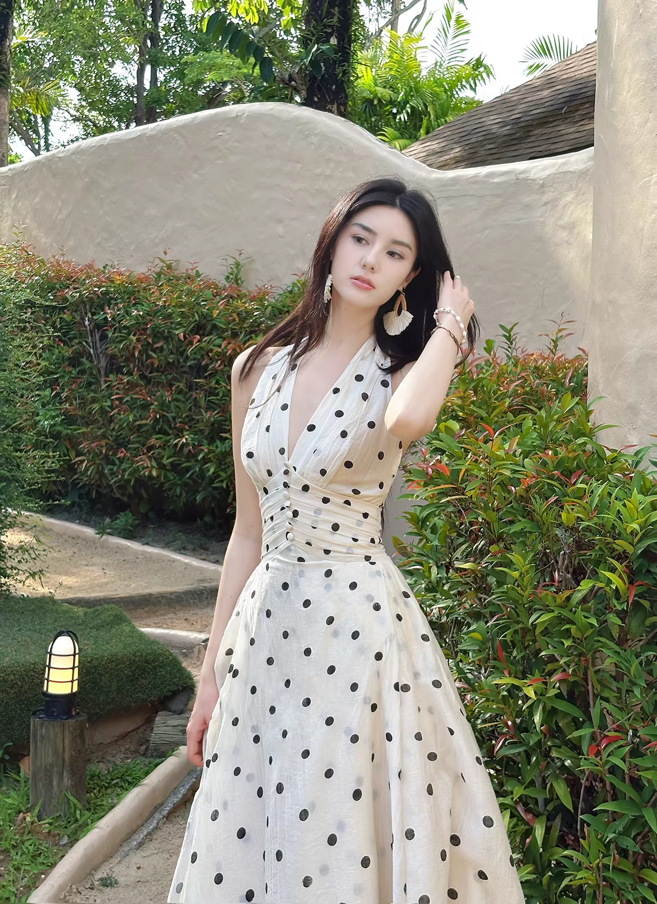 Cute Halter V Neck A Line Polka Dot Prom Dress Long Party Dress SP2003