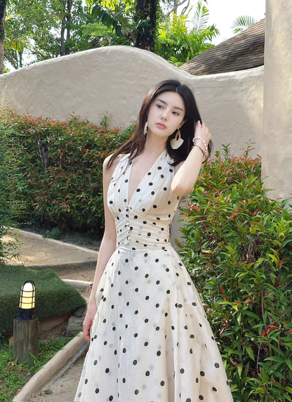 Cute Halter V Neck A Line Polka Dot Prom Dress Long Party Dress SP2003
