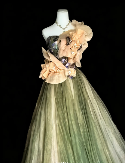 Vintage Olive Green One Tulle Appliques Long Birthday Prom Dress party Gown SP1596