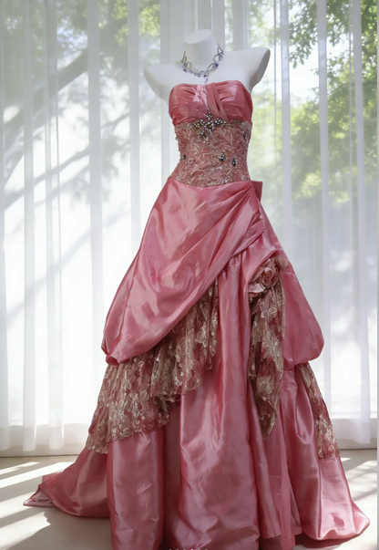 Stunning Pink Strapless Satin Lace Beaded Long Birthday Party Dress Prom Dresses SP1524