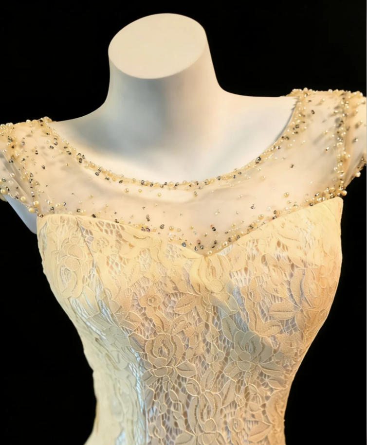 Pretty Champagne Lace Beaded Mermaid Long Evening Dress Birthday Party Gown SP1584