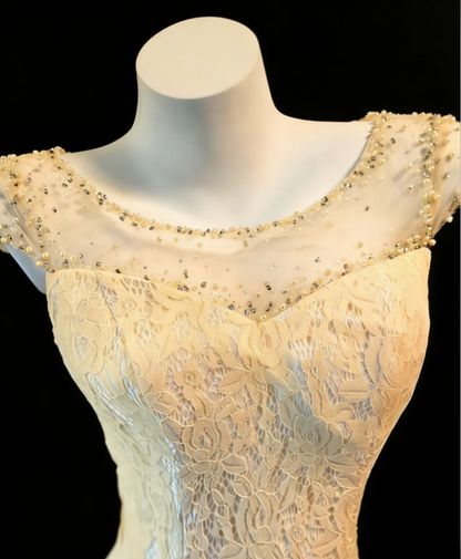 Pretty Champagne Lace Beaded Mermaid Long Evening Dress Birthday Party Gown SP1584