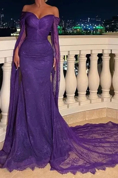 Off-Shoulder Long Sleeves Mermaid Lace Prom Dress