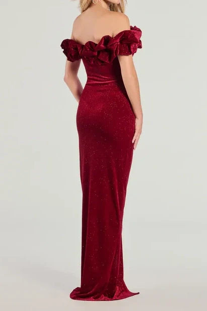 Off-Shoulder Sparkly Velvet Party Prom Dress With Slit