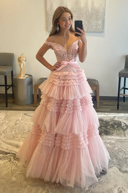 Off-Shoulder Tulle A-Line Empire Appliques Tiered Party Prom Dress