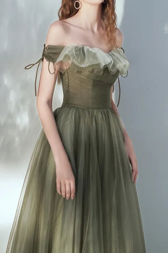 Off-Shoulder Tulle A-Line Empire Long Bridesmaid Dress