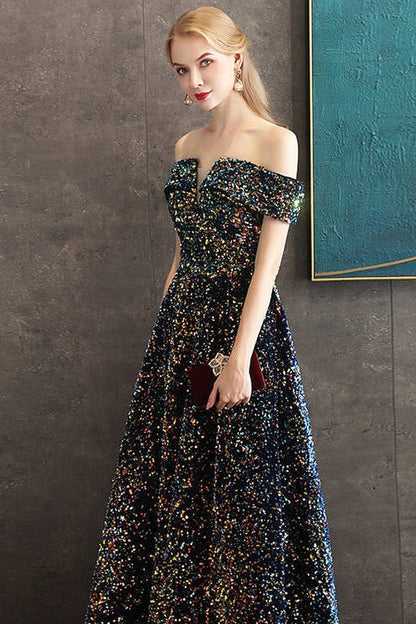 Sequin Off-Shoulder A-Line Empire Party Prom Dress