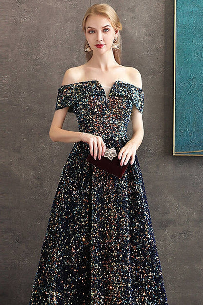 Sequin Off-Shoulder A-Line Empire Party Prom Dress