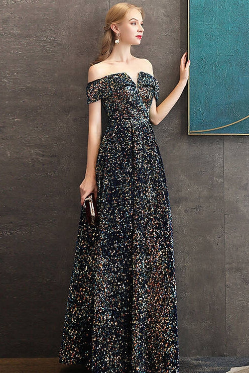 Sequin Off-Shoulder A-Line Empire Party Prom Dress