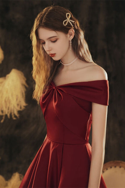 Burgundy Satin A-Line Empire Off-Shoulder Party Prom Dress