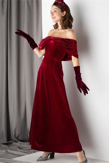 Off the Shoulder Empire A-Line Burgundy Velvet Party Prom Dress
