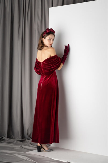 Off the Shoulder Empire A-Line Burgundy Velvet Party Prom Dress