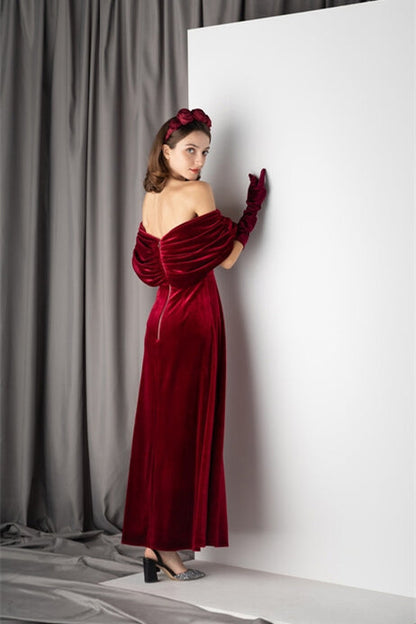 Off the Shoulder Empire A-Line Burgundy Velvet Party Prom Dress