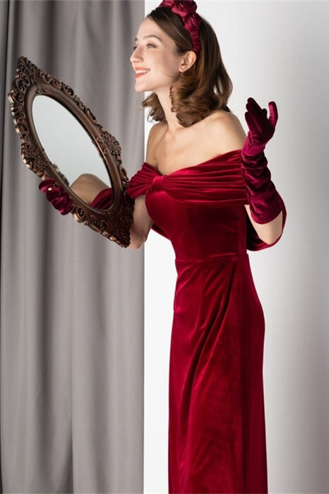 Off the Shoulder Empire A-Line Burgundy Velvet Party Prom Dress