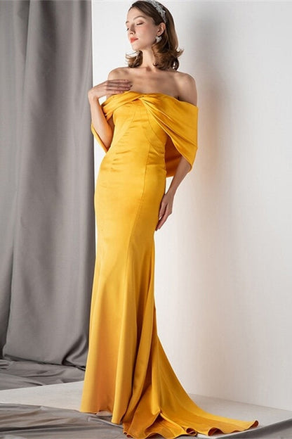 Yellow Satin Mermaid Off-Shoulder Party Prom Dress With Train