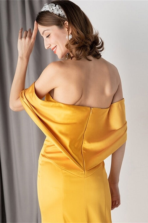 Yellow Satin Mermaid Off-Shoulder Party Prom Dress With Train