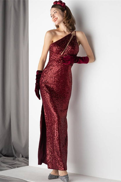 One Shoulder Burgundy Sequined Dress
