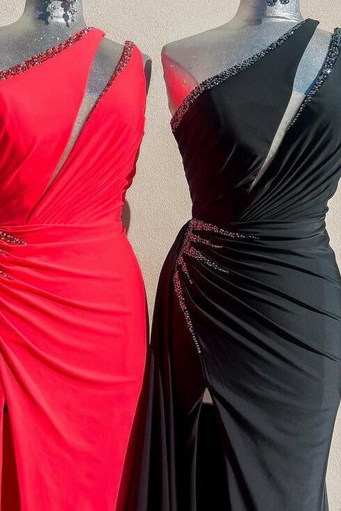 One Shoulder Sleeveless Beaded Mermaid Party Prom Dress