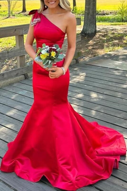 One Shoulder Sleeveless Mermaid Satin Party Prom Dress