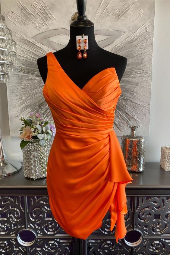 One Shoulder Orange Ruched Tight Short Homecoming Dress