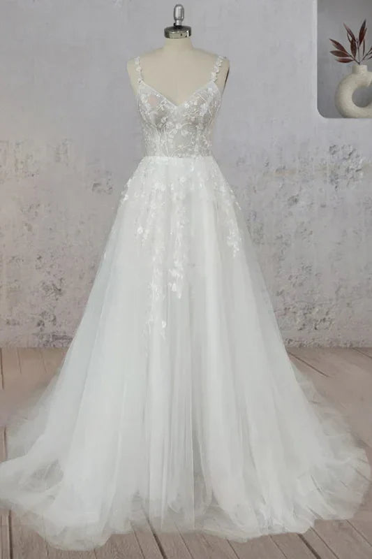 Open Back V-Neck Spaghetti Straps Tulle A-Line Wedding Dress