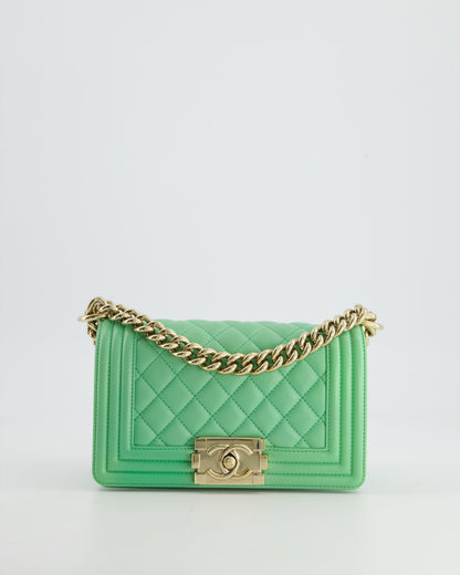 *HOT* Chanel Mint Green Small Boy Bag in Shiny Calfskin Leather with Champagne Gold Hardware